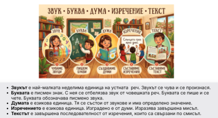 Звук, буква, дума, изречение, текст